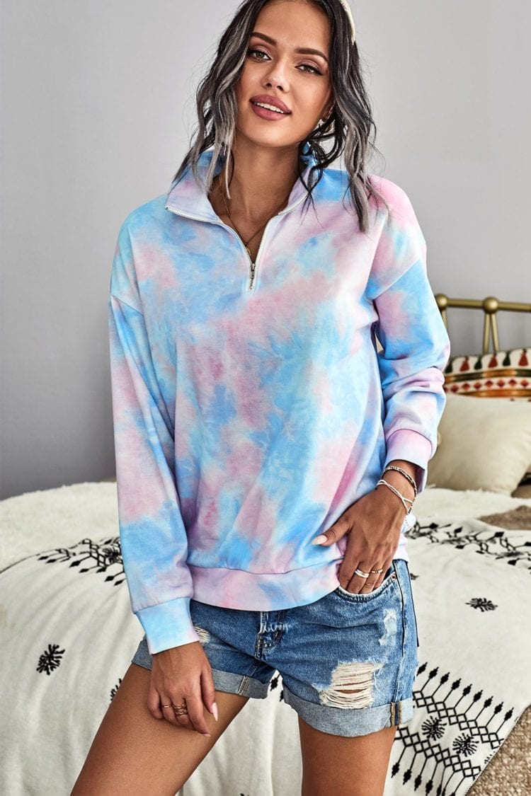 Eura Womens Cotton Tie Dye Mock Neck Zip Sweatshirt Sky Blue