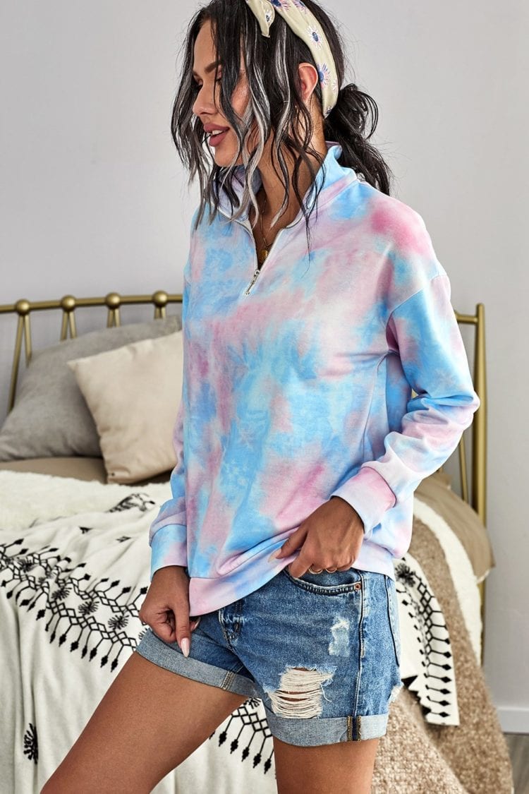 Eura Womens Cotton Tie Dye Mock Neck Zip Sweatshirt Sky Blue