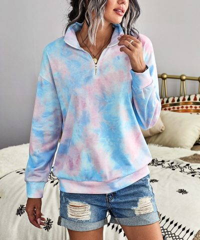 Eura Womens Cotton Tie Dye Mock Neck Zip Sweatshirt Sky Blue