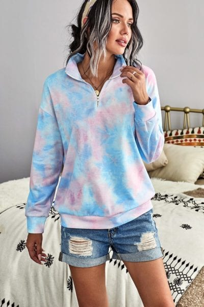 Eura Womens Cotton Tie Dye Mock Neck Zip Sweatshirt Sky Blue