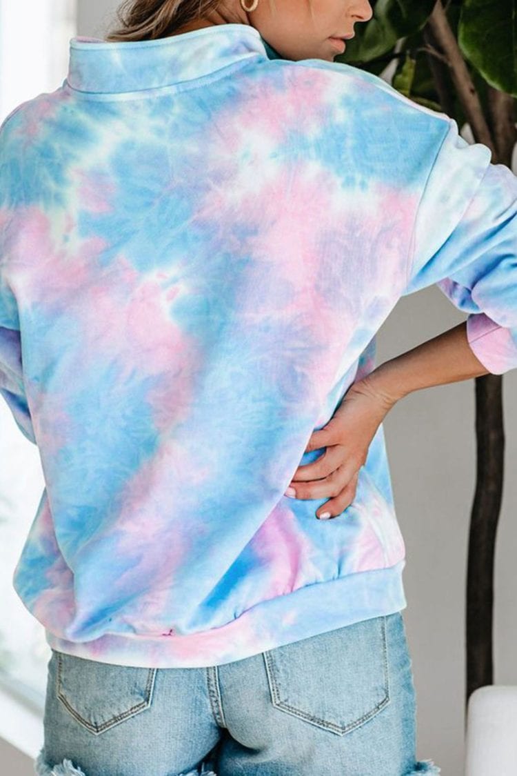 Eura Womens Cotton Tie Dye Mock Neck Zip Sweatshirt Sky Blue