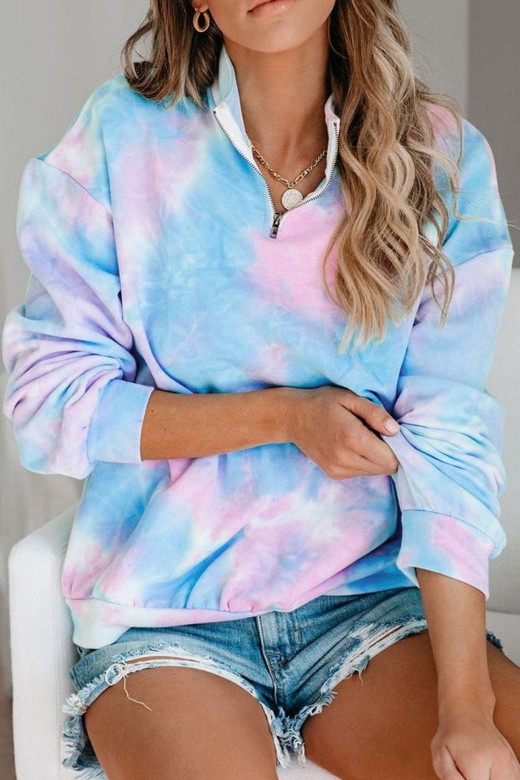 Eura Womens Cotton Tie Dye Mock Neck Zip Sweatshirt Sky Blue