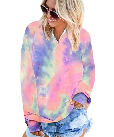 Eura Womens Cotton Tie Dye Mock Neck Zip Sweatshirt Sky Blue