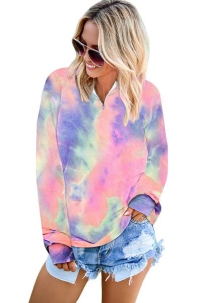 Eura Womens Cotton Tie Dye Mock Neck Zip Sweatshirt Sky Blue