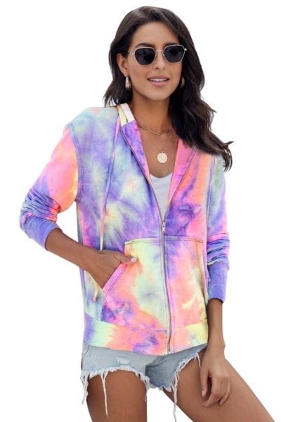 Neena Women's Tie Dye Pocket Zip Up Hoodie Sky Blue