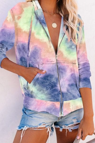 Neena Women's Tie Dye Pocket Zip Up Hoodie Sky Blue