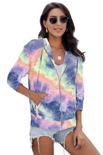 Neena Women's Tie Dye Pocket Zip Up Hoodie Sky Blue