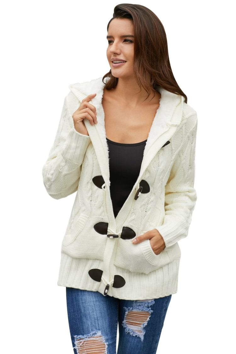 Rilke Women's Fur Hood Horn Button Sweater Cardigan White