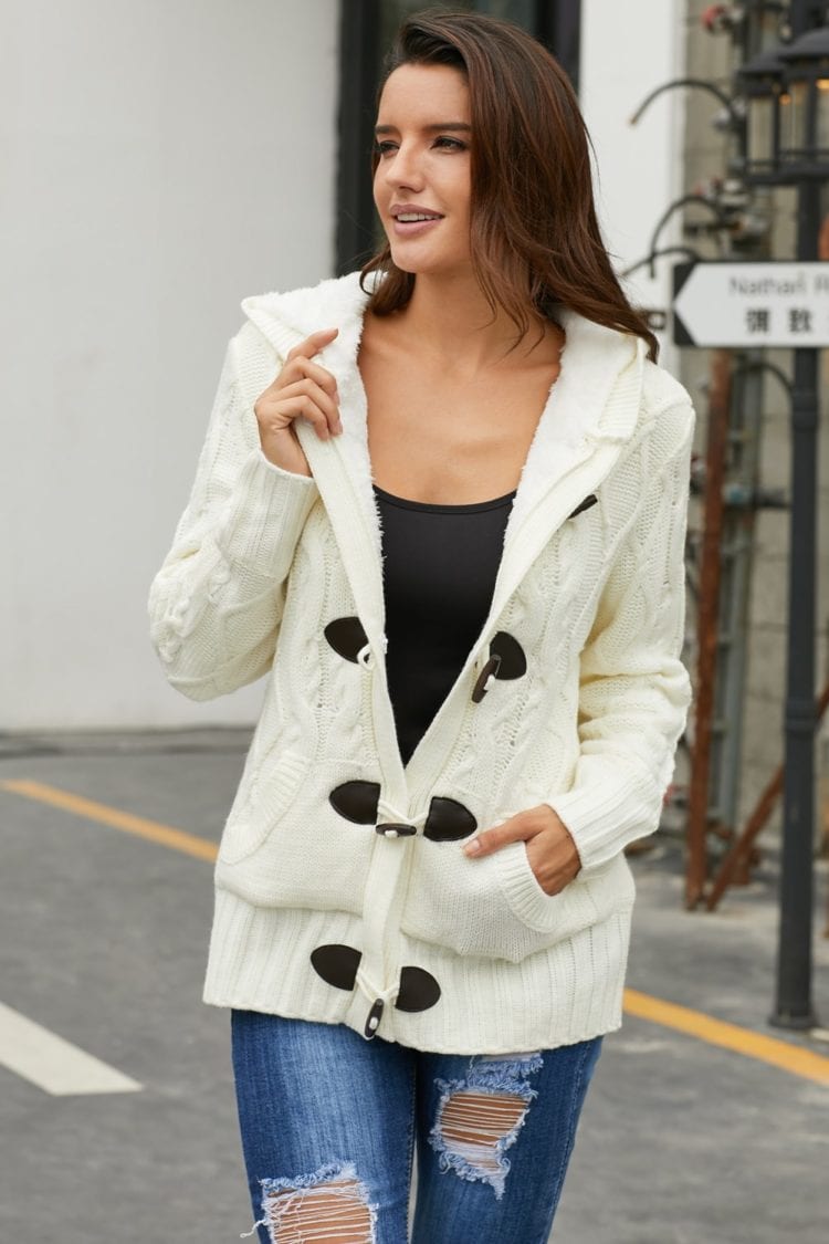 Rilke Women's Fur Hood Horn Button Sweater Cardigan White