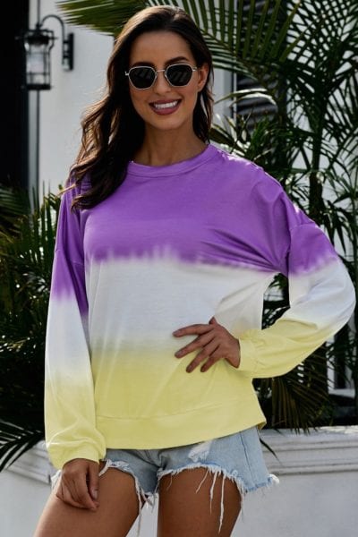 Tarian Women's Color-Block Tie Dye Long Sleeve Pullover Sweatshirt Black