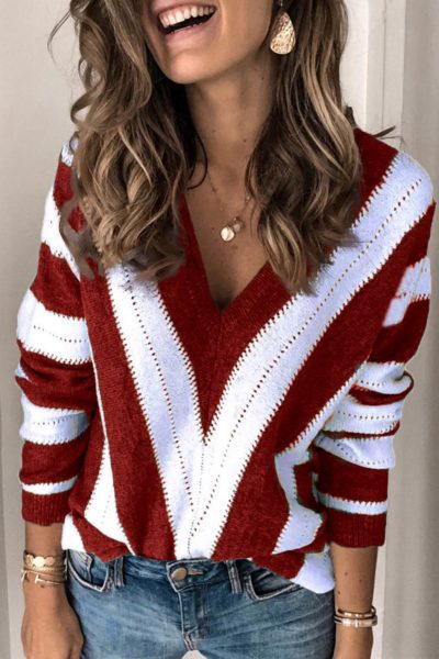 Paisley Women's Color Block Long Sleeve V Neck Knitted Sweater Red