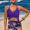 Carolina Women Halter Cross Wrap Floral Print One-piece Swimwear Blue