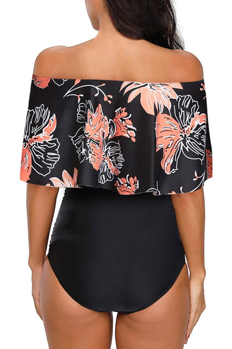 Caroline Women Printed Off Shoulder Flounce Overlay One-piece Swimwear Black