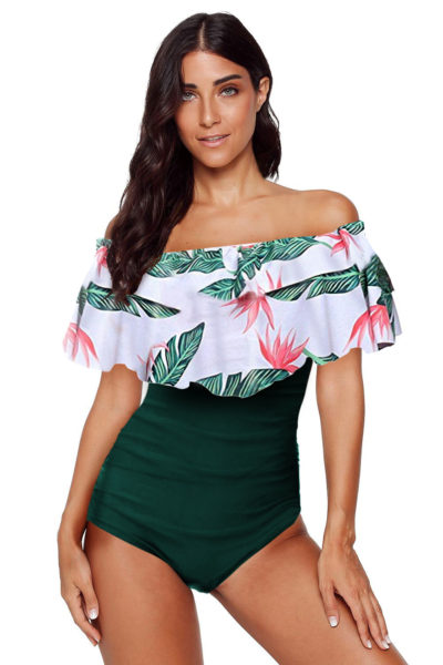 Caroline Women Printed Off Shoulder Flounce Overlay One-piece Swimwear Green