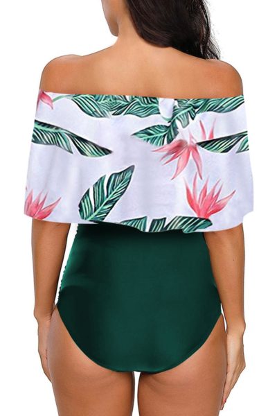 Caroline Women Printed Off Shoulder Flounce Overlay One-piece Swimwear Green