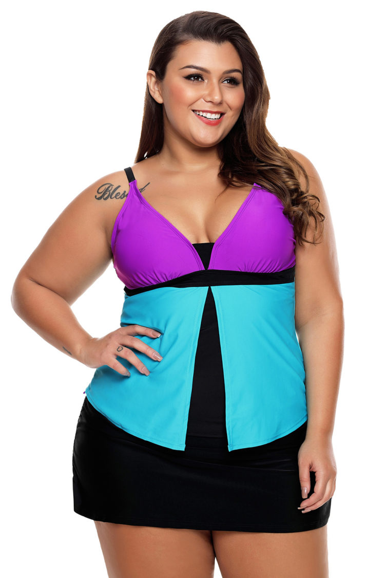 Hester Women Colorblock Tankini Skort Bottom Swimsuit Purple Blue