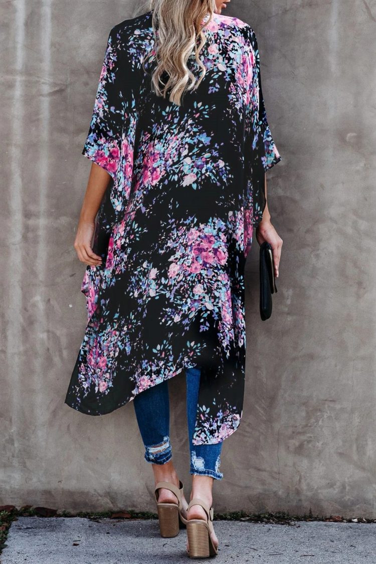 Irene Women Floral Kimono Sleeves Chiffon Loose Beach Cover Up Black