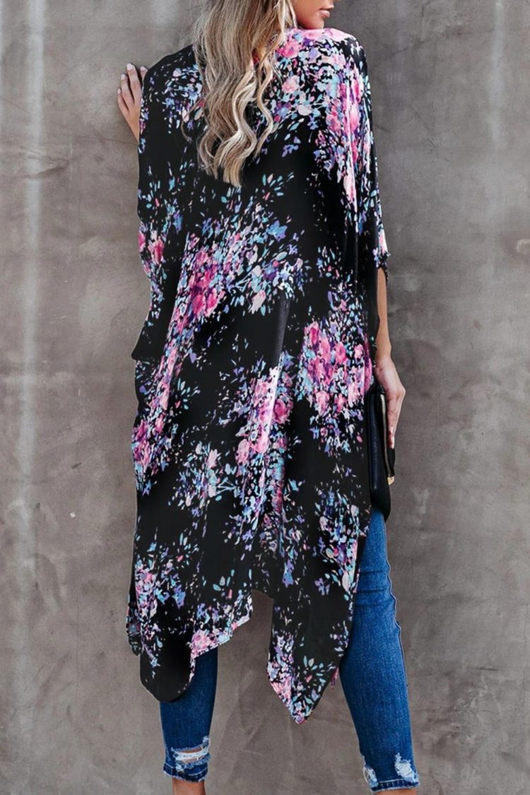 Irene Women Floral Kimono Sleeves Chiffon Loose Beach Cover Up Black