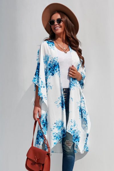 Irene Women Floral Kimono Sleeves Chiffon Loose Beach Cover Up Blue