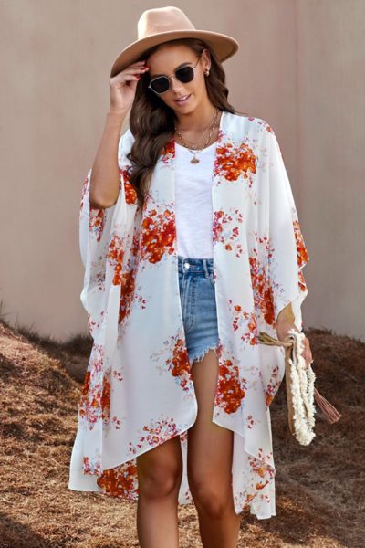 Irene Women Floral Kimono Sleeves Chiffon Loose Beach Cover Up Orange