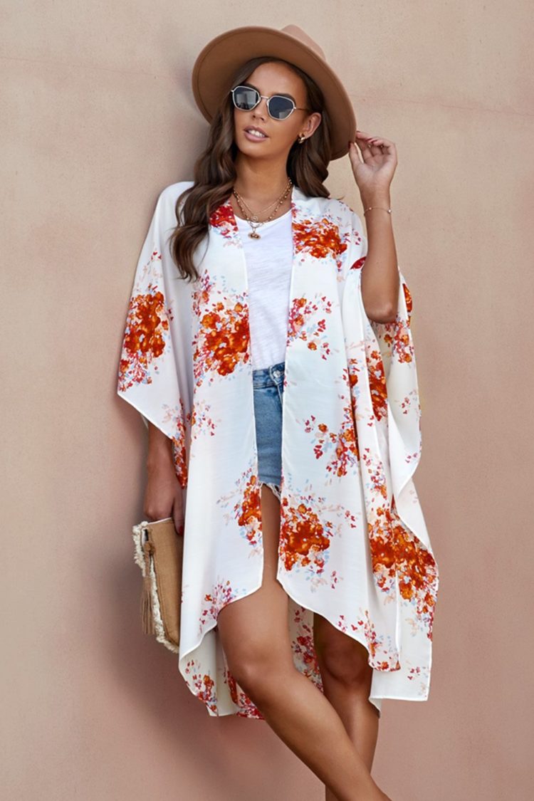 Irene Women Floral Kimono Sleeves Chiffon Loose Beach Cover Up Orange