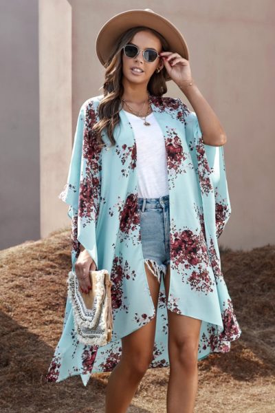 Irene Women Floral Kimono Sleeves Chiffon Loose Beach Cover Up Sky Blue