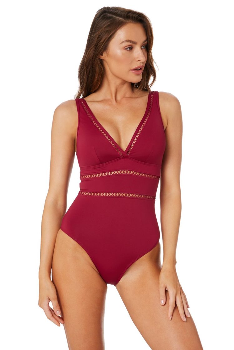 Janet Womens Lattice Plunge One Piece Swimsuit Red