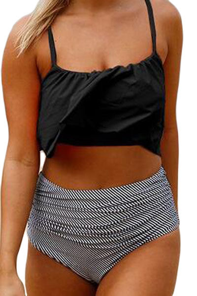 Queenie Women's Black Top and Striped Bottom High Waist Swimwear