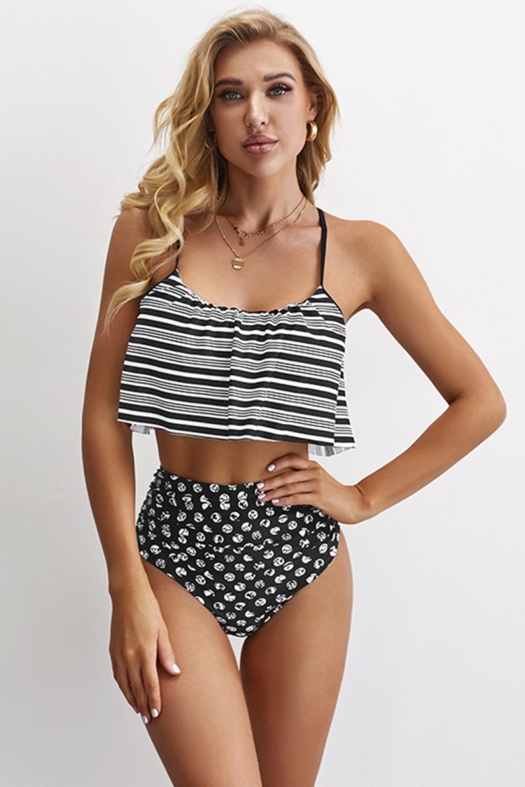 Queenie Women's Glowing Top and Striped Bottom High Waist Swimwear