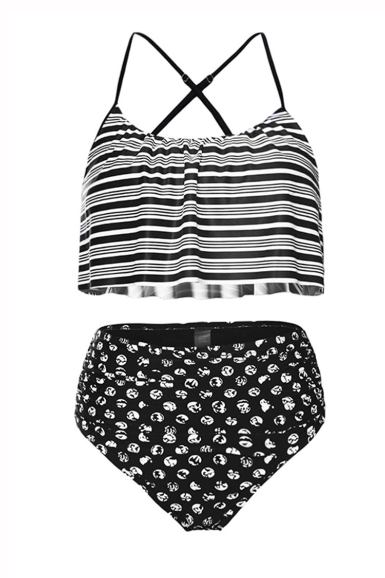 Queenie Women's Glowing Top and Striped Bottom High Waist Swimwear