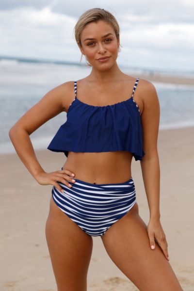 Queenie Women's Navy Top and Striped Bottom High Waist Swimwear