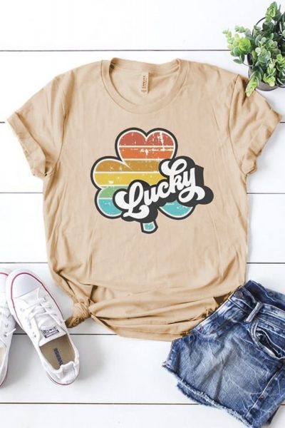 Abigail Women Lucky Retro Rainbow Clover Graphic Tee Apricot