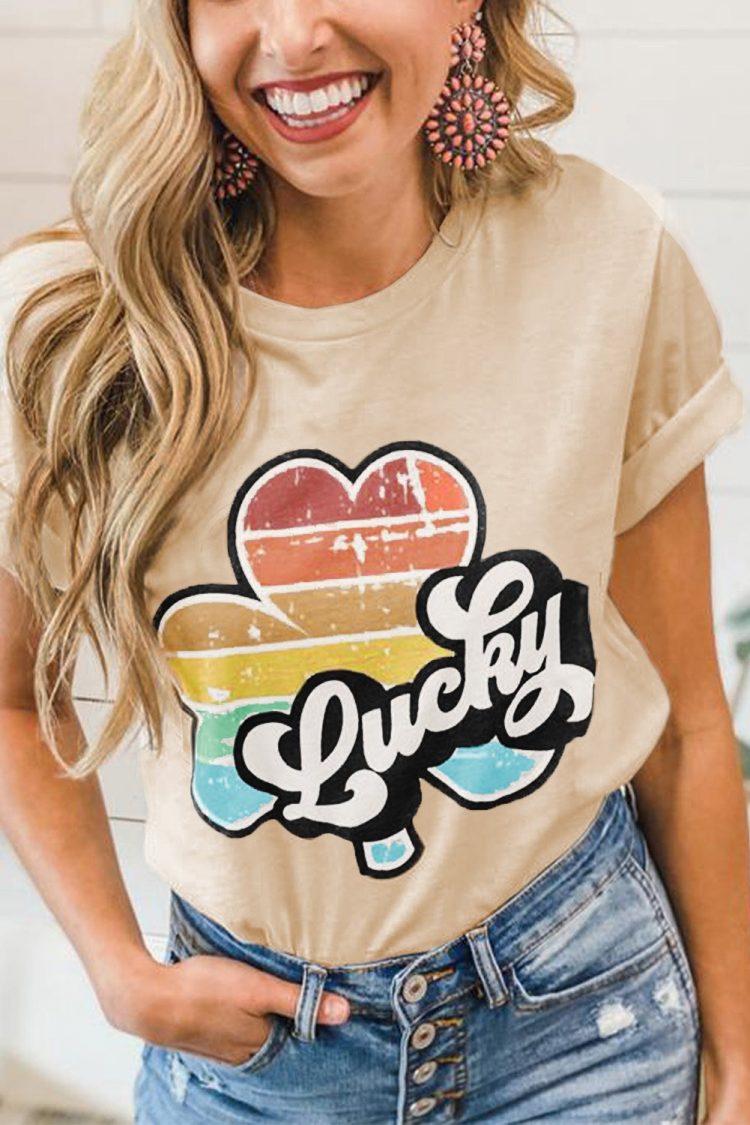 Abigail Women Lucky Retro Rainbow Clover Graphic Tee Apricot