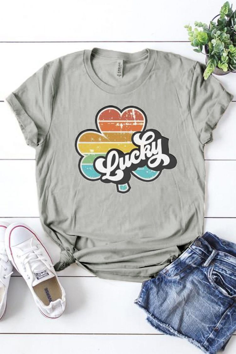 Abigail Women Lucky Retro Rainbow Clover Graphic Tee Gray