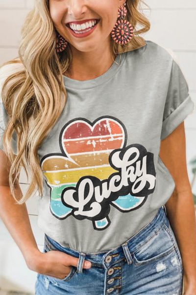 Abigail Women Lucky Retro Rainbow Clover Graphic Tee Gray