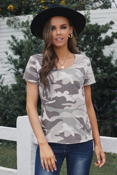 Agnes Women Camouflage Print Short Sleeve Tee Gray