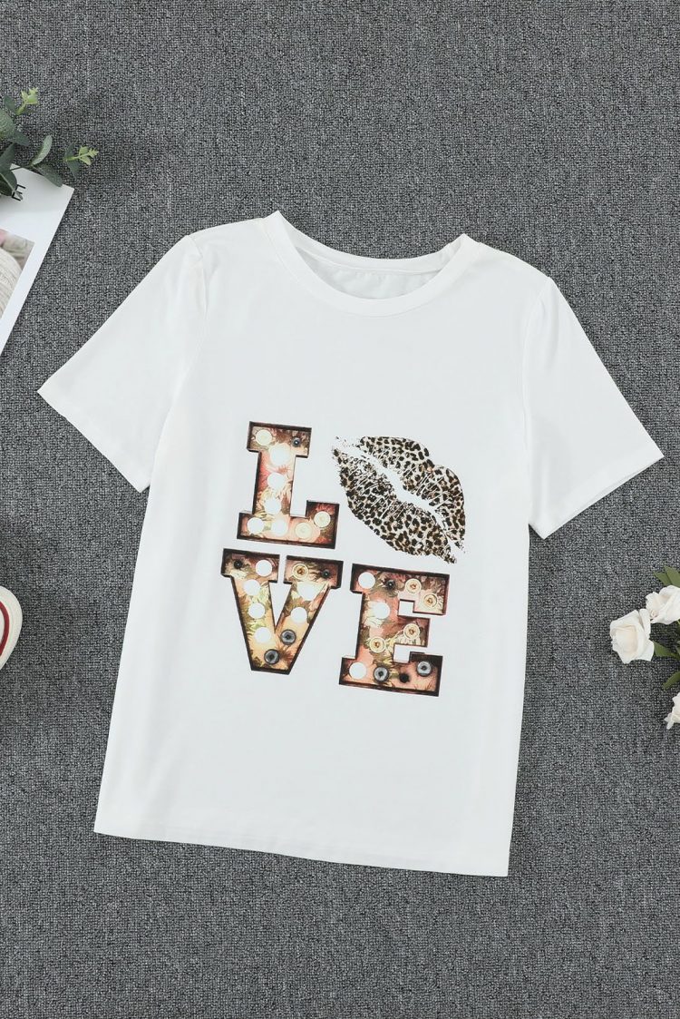 Aine Women's Crew Neck Cartoon Letter Print Valentine Tee White