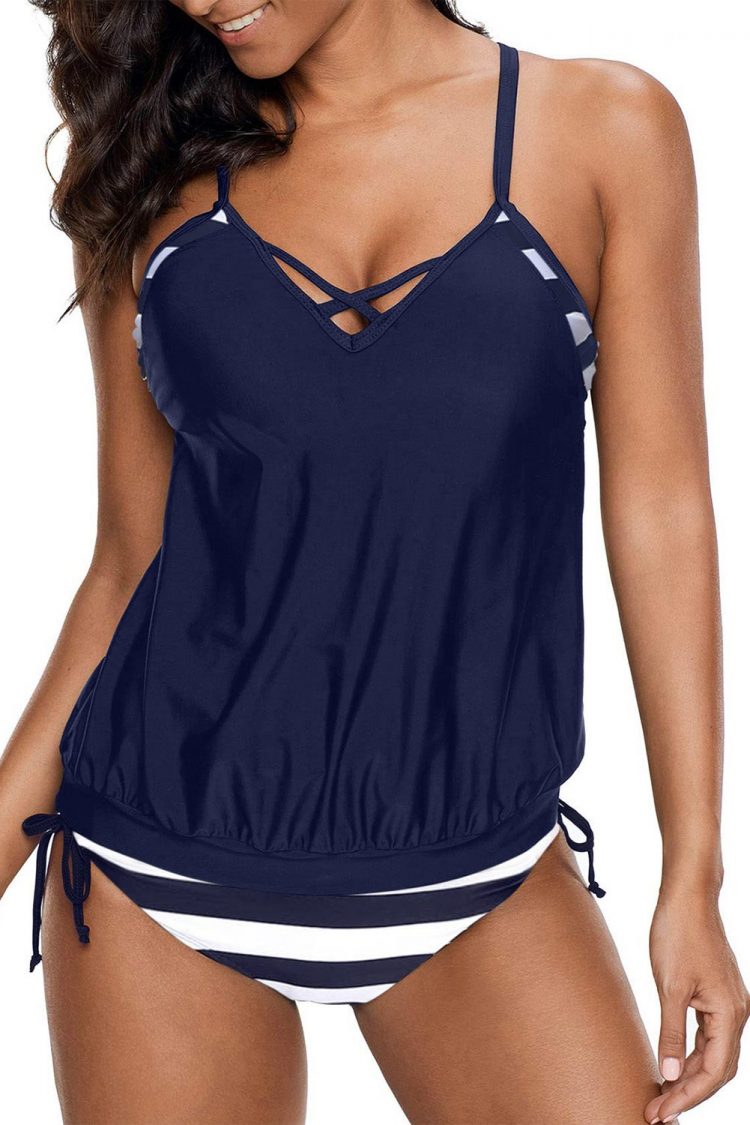 Aleah Women's Tankini with Stripes Patchwork Blue