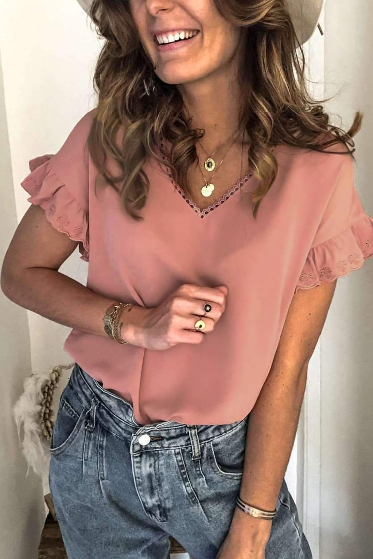 Alice Women V Neck Ruffle Short Sleeve T-shirt Pink