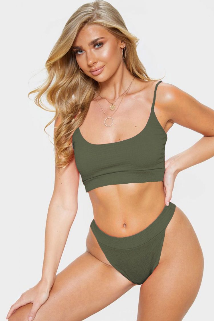 Lailah Women's Straps Two Piece Knit Textured Crop Bikini Swimsuit Green