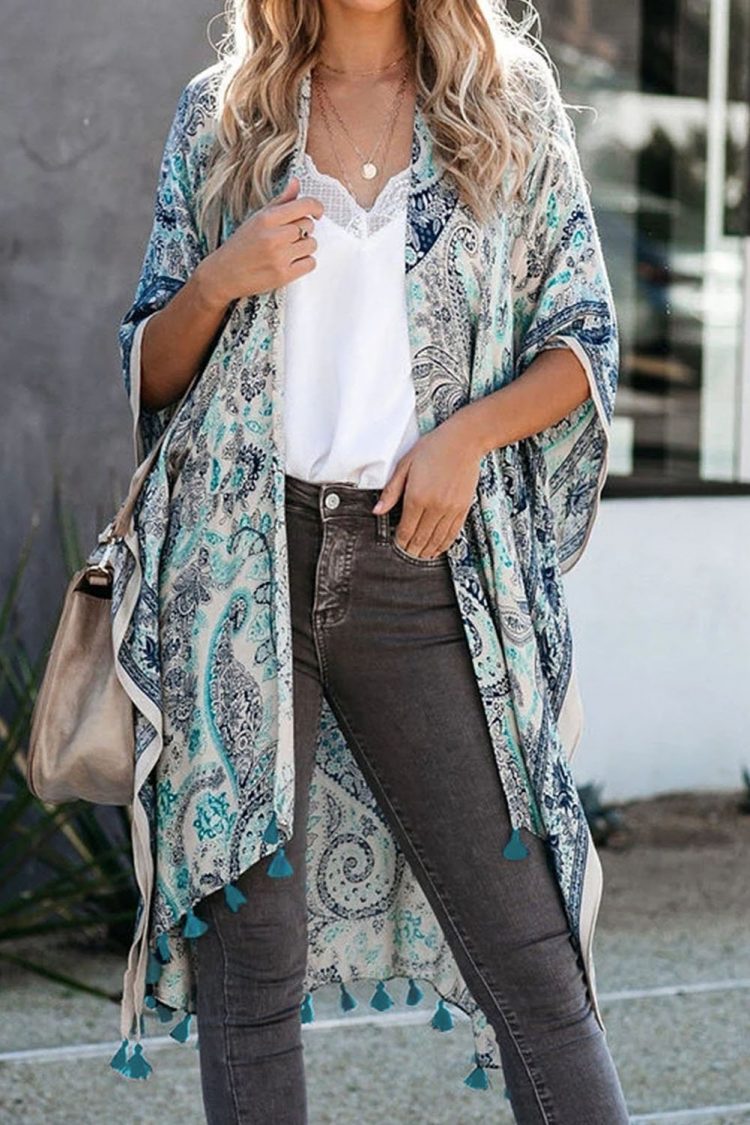 Sally Women Boho Paisley Print Kimono Beach Cover up with Tassel Beige