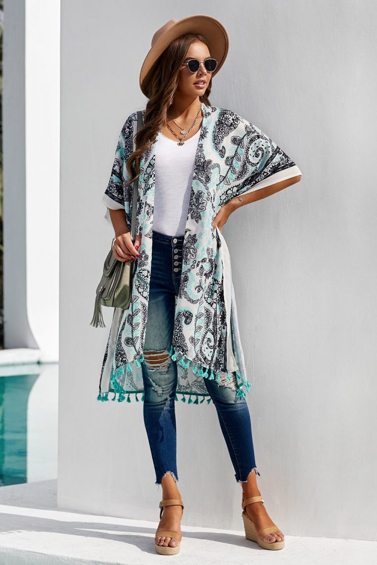 Sally Women Boho Paisley Print Kimono Beach Cover up with Tassel Beige