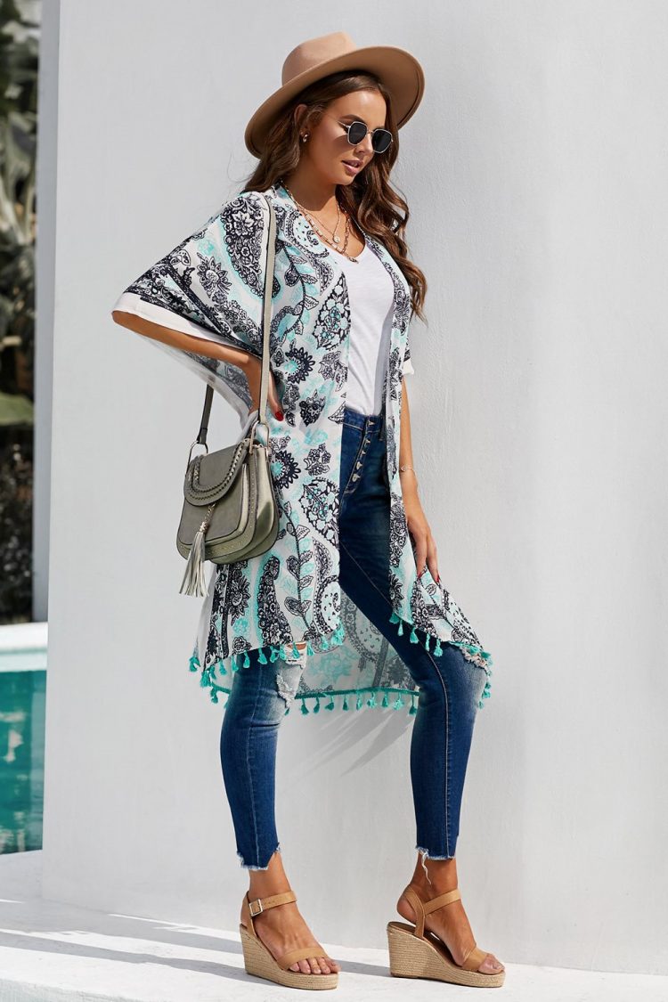 Sally Women Boho Paisley Print Kimono Beach Cover up with Tassel Beige