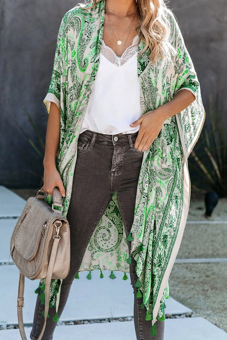 Sally Women Boho Paisley Print Kimono Beach Cover up with Tassel Green