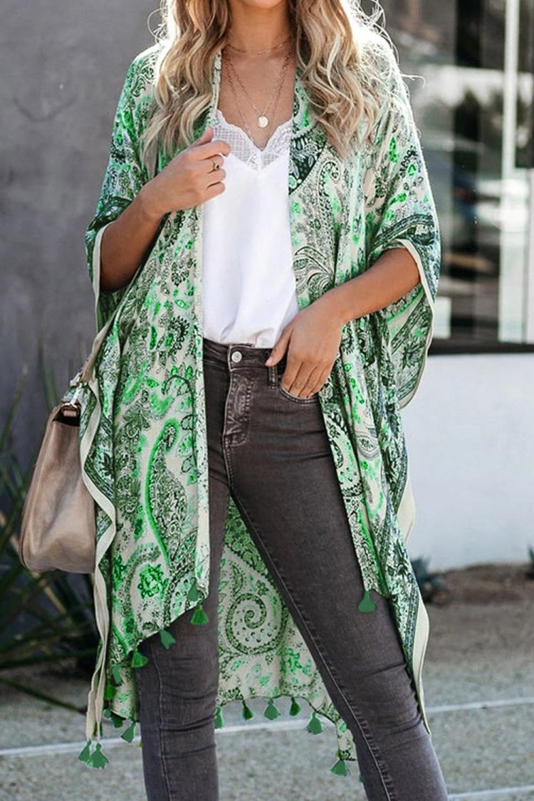 Sally Women Boho Paisley Print Kimono Beach Cover up with Tassel Green