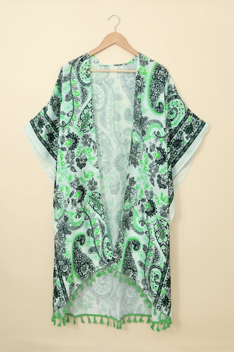 Sally Women Boho Paisley Print Kimono Beach Cover up with Tassel Green