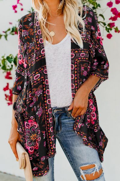 Shirley Women's Floral Kimono Cardigan Open Front Cover Up Black