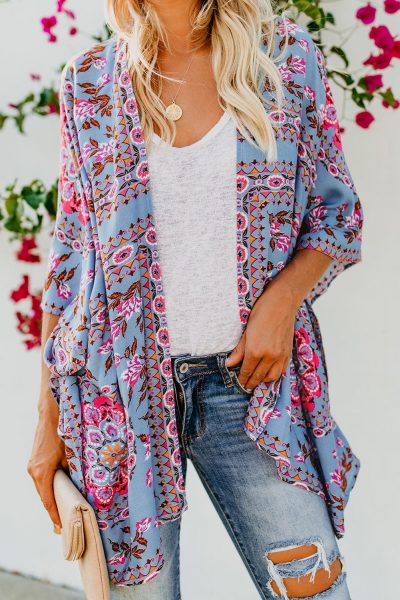 Shirley Women's Floral Kimono Cardigan Open Front Cover Up Sky Blue