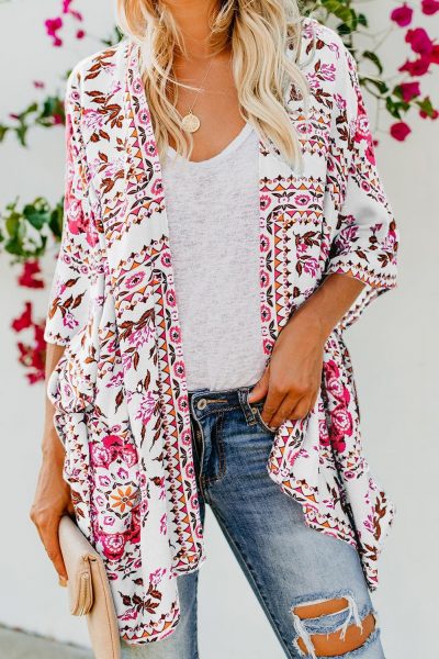 Shirley Women's Floral Kimono Cardigan Open Front Cover Up White