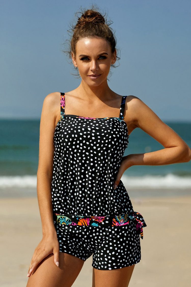 Sophia Women Dotted Print Tankini Swimwear Black